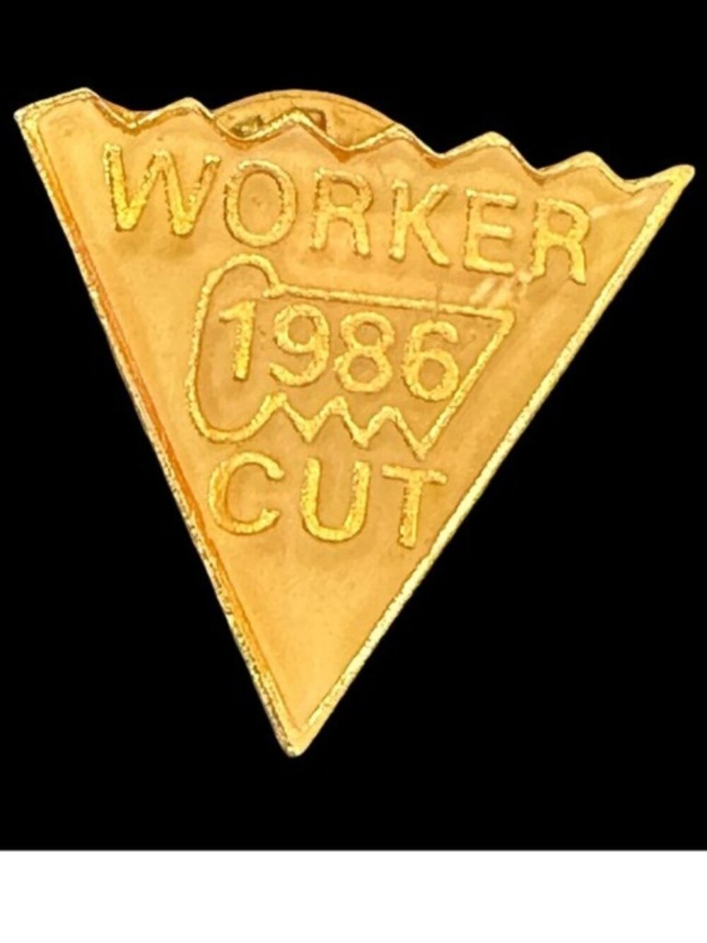 Vintage 1986 Worker Cut Gold-Tone Triangle Pin Badge With Sawtooth Design
